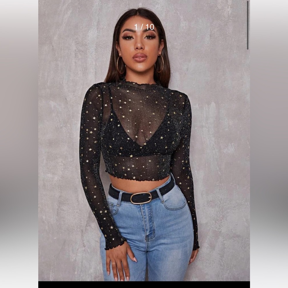 shein bae lettuce trim star mesh crop top